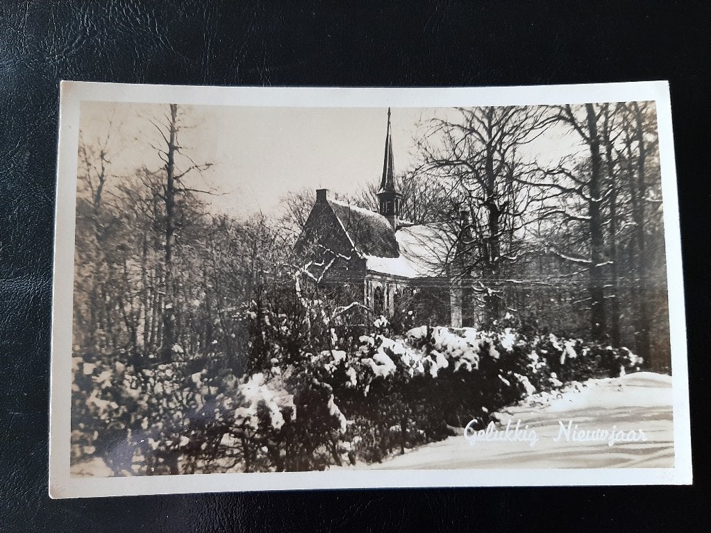 Kerk in sneeuwlandschap, stempel Leerbroek. 1948, fotokaart., Verzenden, 1940 tot 1960, Gelopen, Natuur