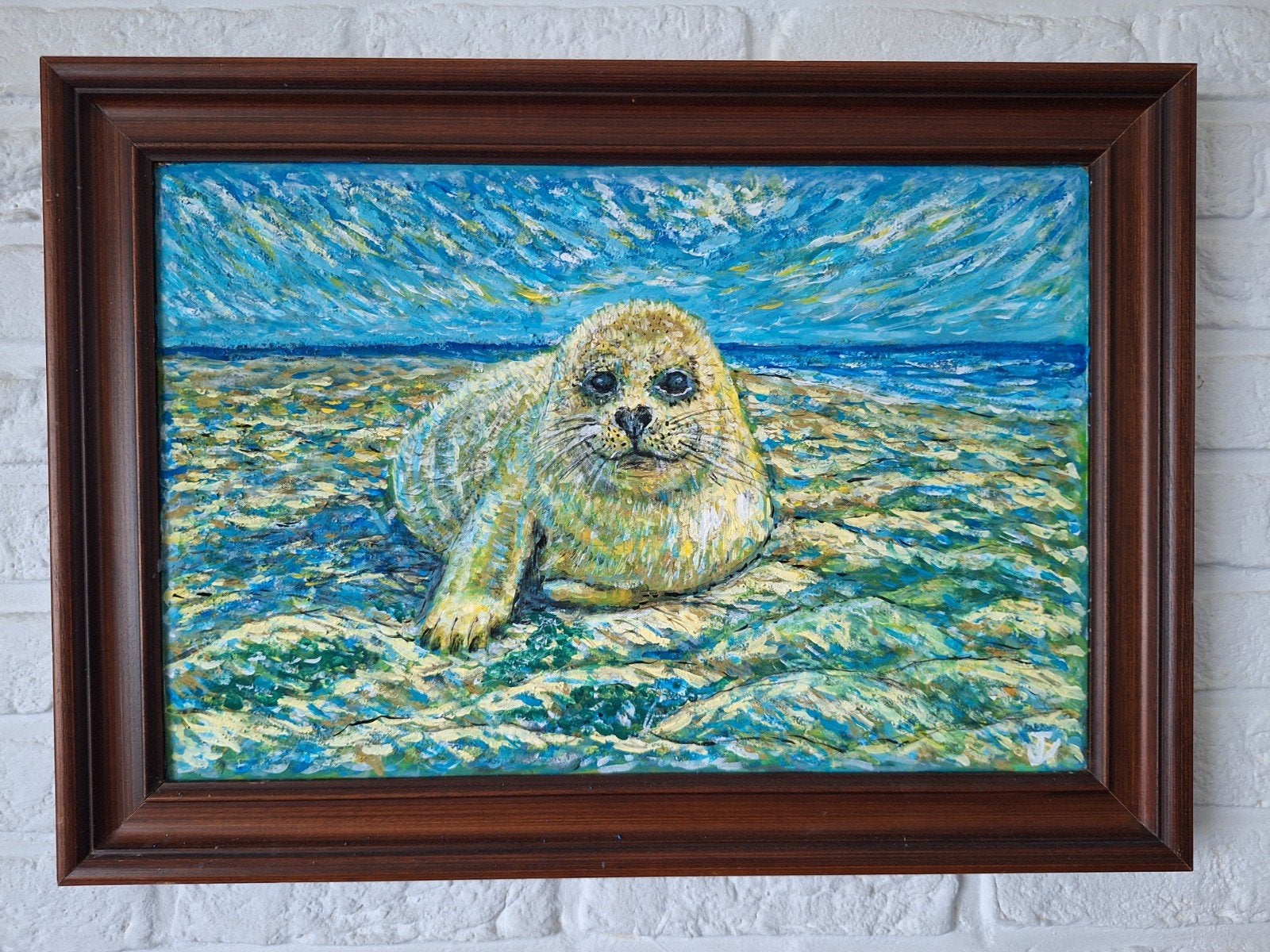 Schilderij met zeehondje aan de kust, Ophalen of Verzenden