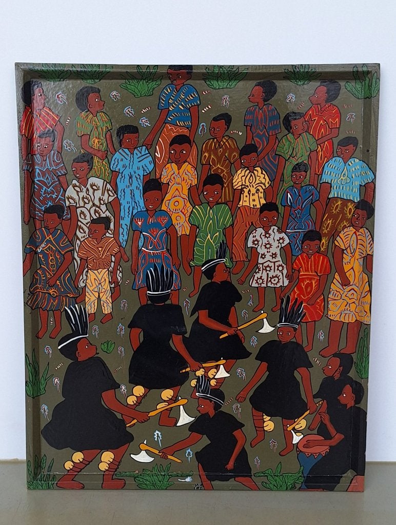 Afrikaans schilderij op panaal Mhande dance Zimbabwe 42x52cm, Ophalen of Verzenden, Op houten frame, Figuren