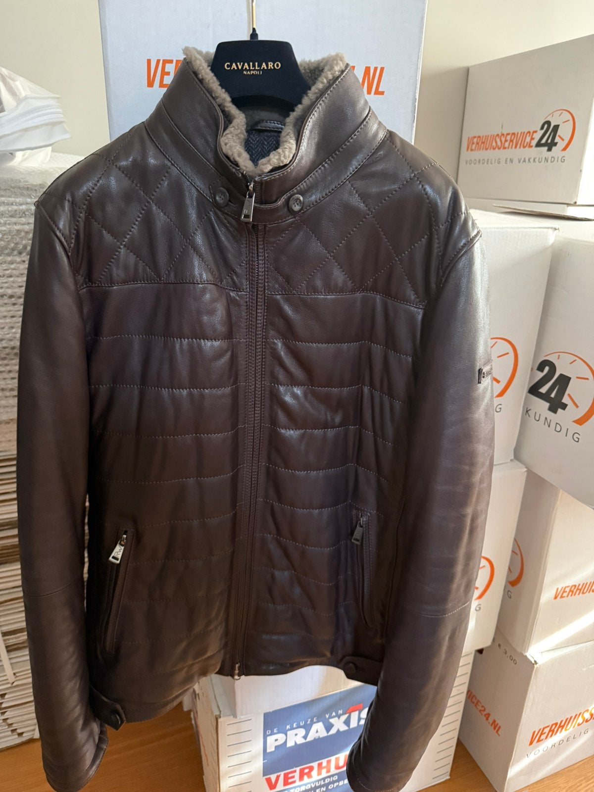 Bruin doorgestikte leren heren jack River Woods maat L, Ophalen of Verzenden, Gedragen, Maat 52/54 (L), Bruin