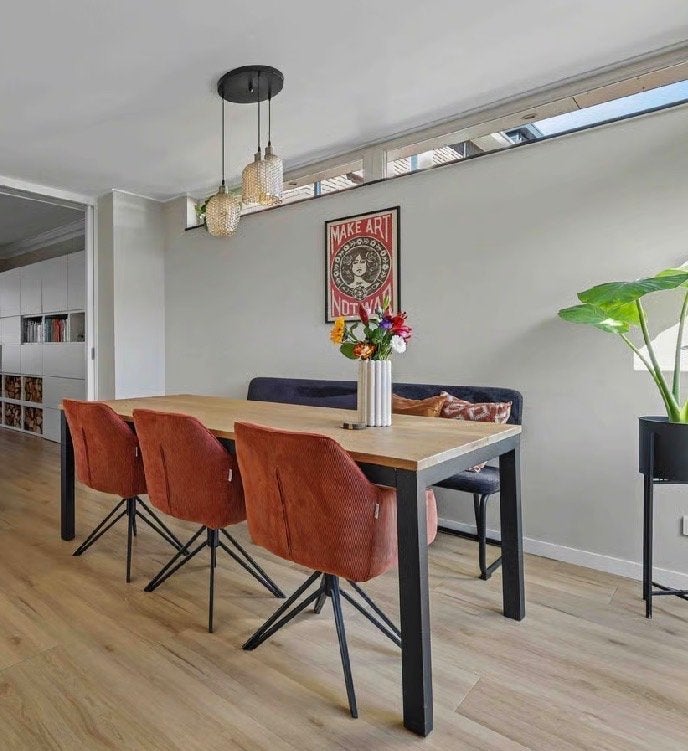 Stoere houten eettafel evt. incl. bankje & stoelen, Huis en Inrichting, Ophalen, Eikenhout, 50 tot 100 cm, Zo goed als nieuw