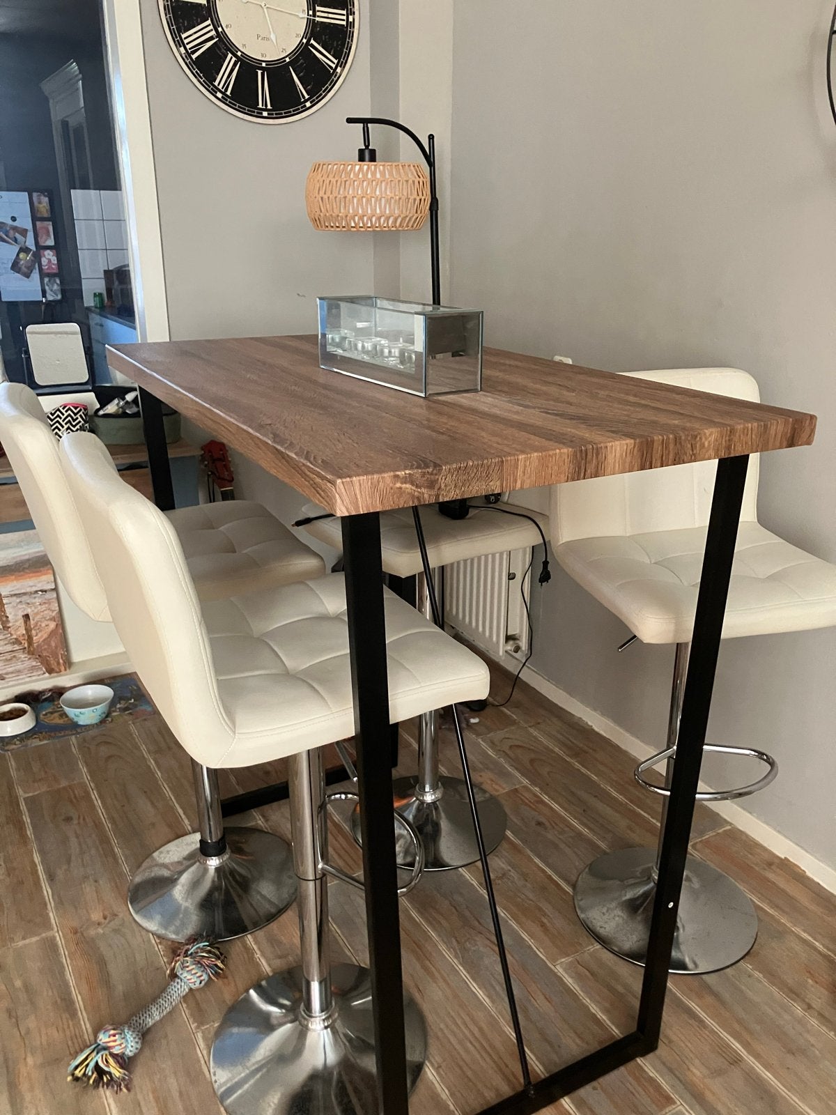 Bartafel met 4 barkrukken, Gebruikt, In hoogte verstelbaar, Ophalen of Verzenden, 90 cm of meer