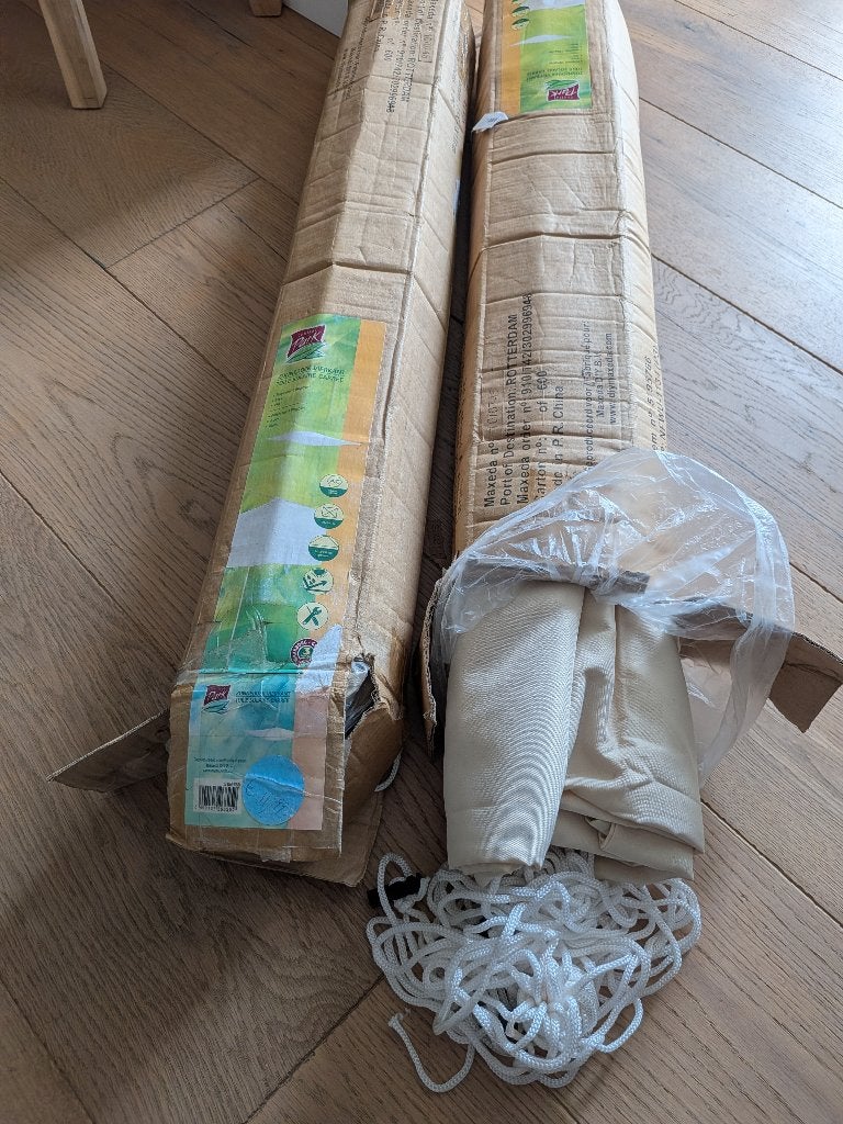 Schaduwdoeken 3x3m (2 stuks) met bevestigingsmateriaal, Ophalen, Zo goed als nieuw
