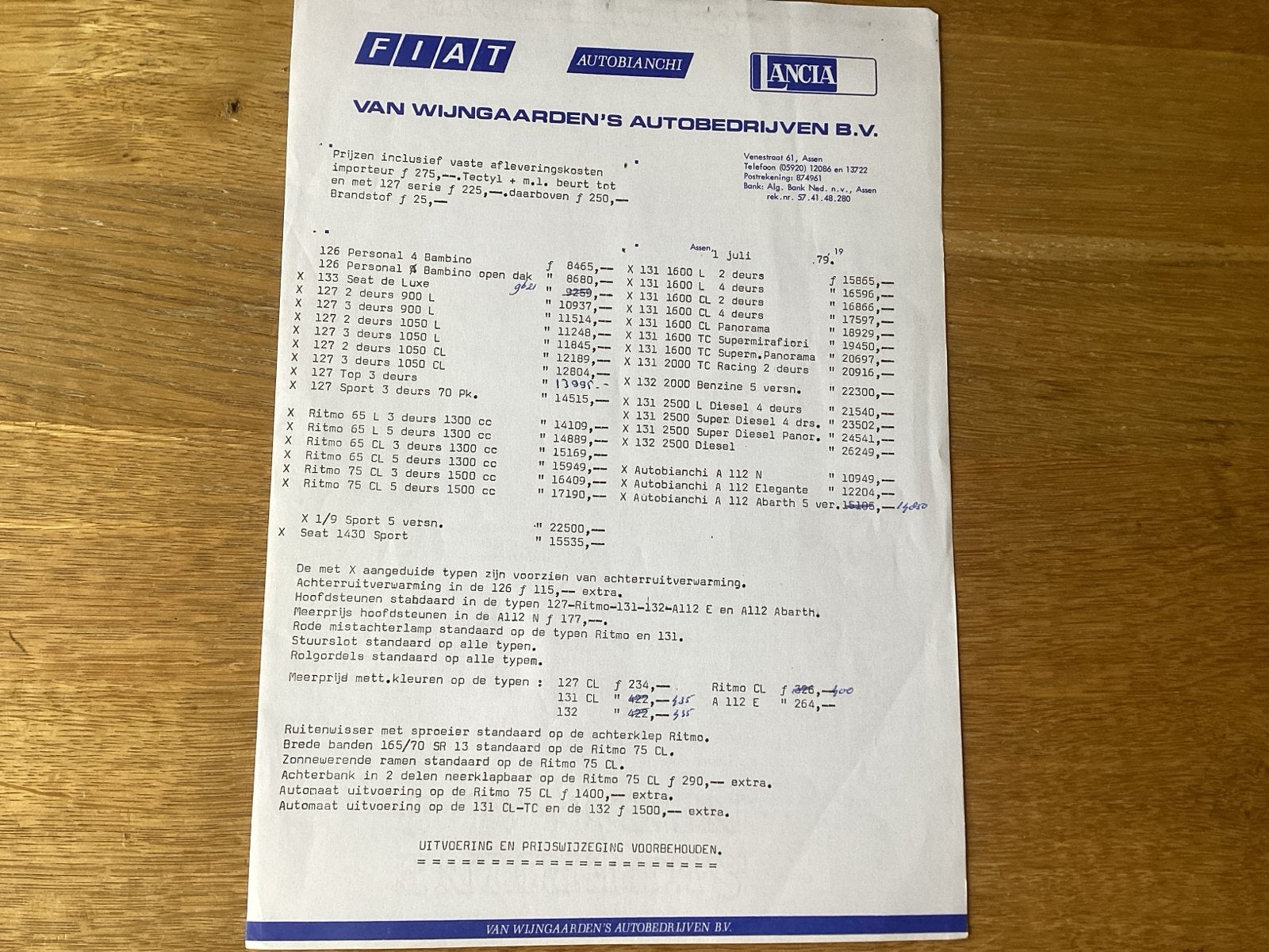 Fiat Autobianchi Lancia prijslijst 1979 VanWijngaarden Assen, Ophalen of Verzenden, Overige merken