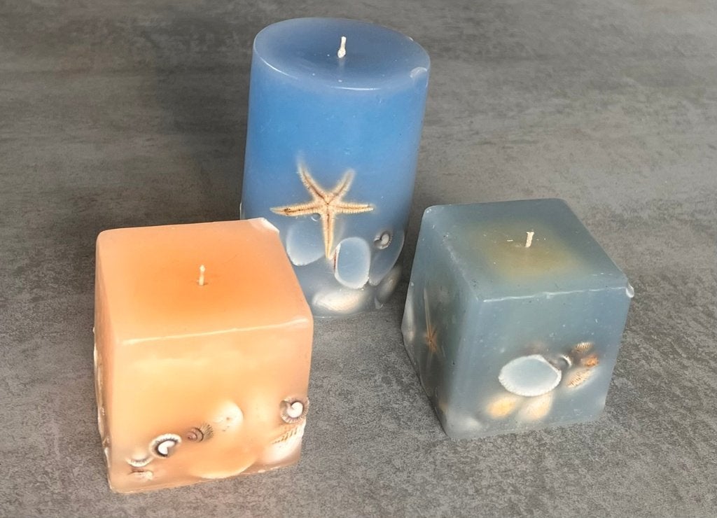 3 Vintage stompkaarsen met ingelegde schelpen/zeester, Ophalen of Verzenden, Gebruikt, Natuurlijk materiaal, Kaars