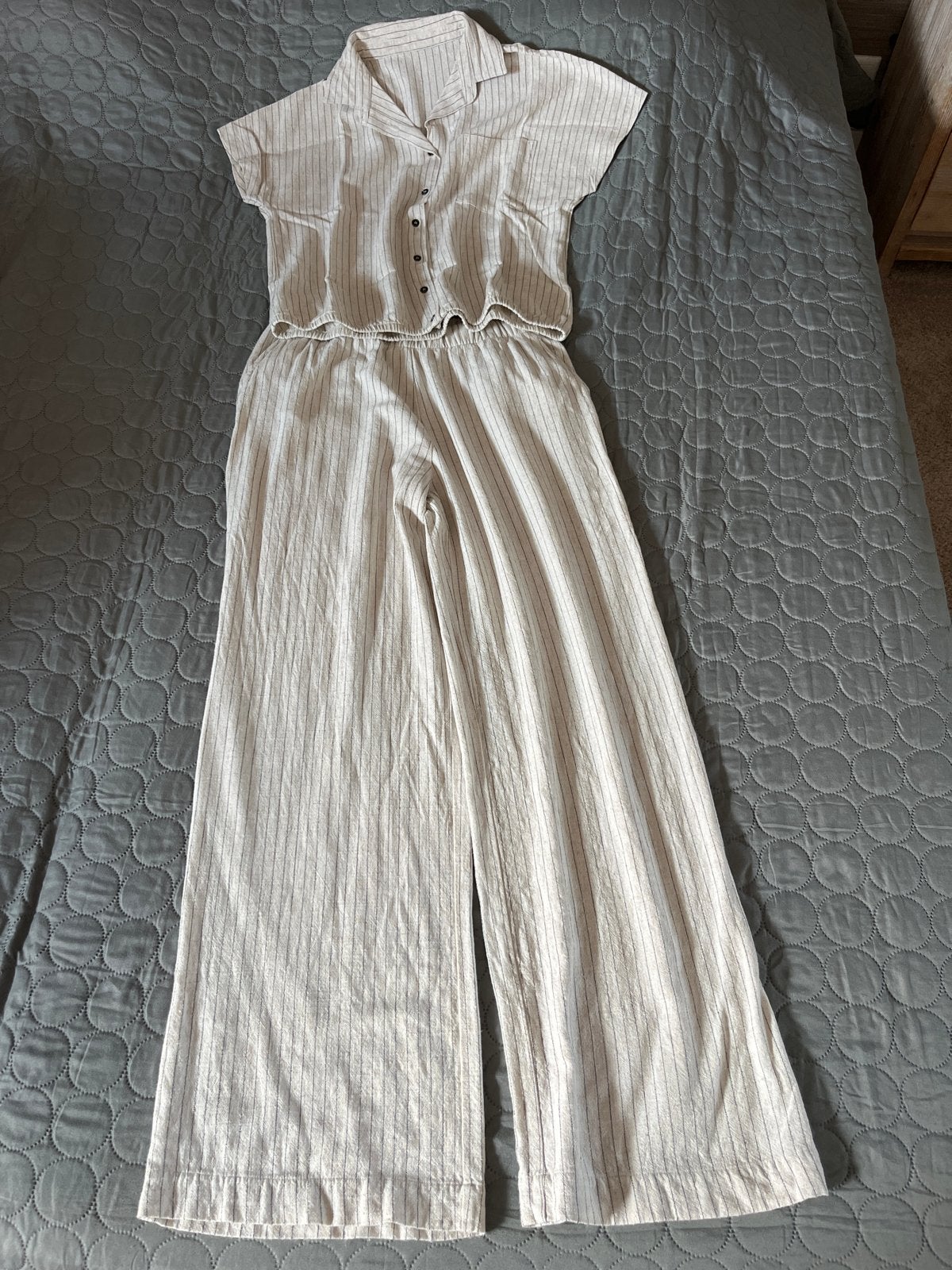Licht gestreepte tweedelige linnen set mt. 38 Giulia e Tu, Kleding | Dames, Maat 38/40 (M), Beige, Ophalen of Verzenden, Zo goed als nieuw