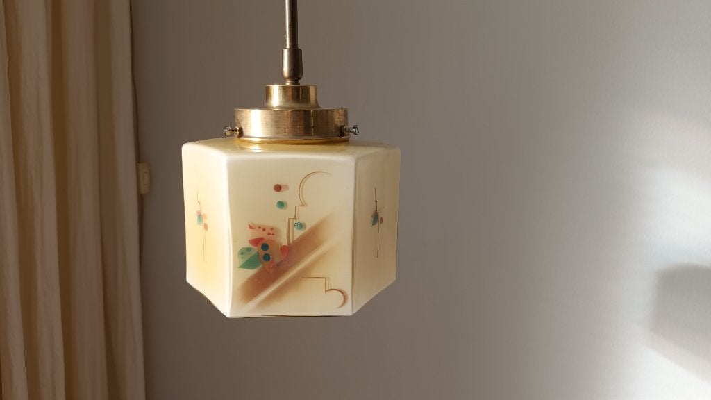 antiek hanglampje met zeer fraai glazen zeshoekig kelkje, Ophalen, Gebruikt, E27 (groot), Vintage design 1920 - 1940