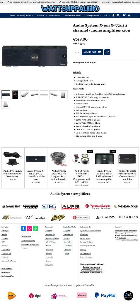 Audio System X-ion X-330.2 2 kanaals / mono versterker, Info@optimount.nl, Nieuw, Ophalen of Verzenden, Anholtseweg 48A 7091 HB DINXPERLO