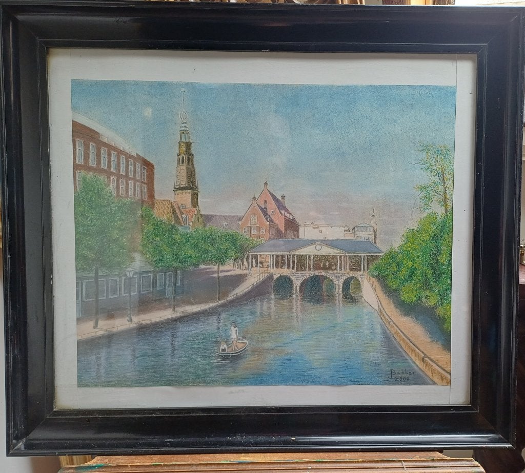 schilderij pastel Korenbeurs Leiden, Antiek en Kunst, Ophalen
