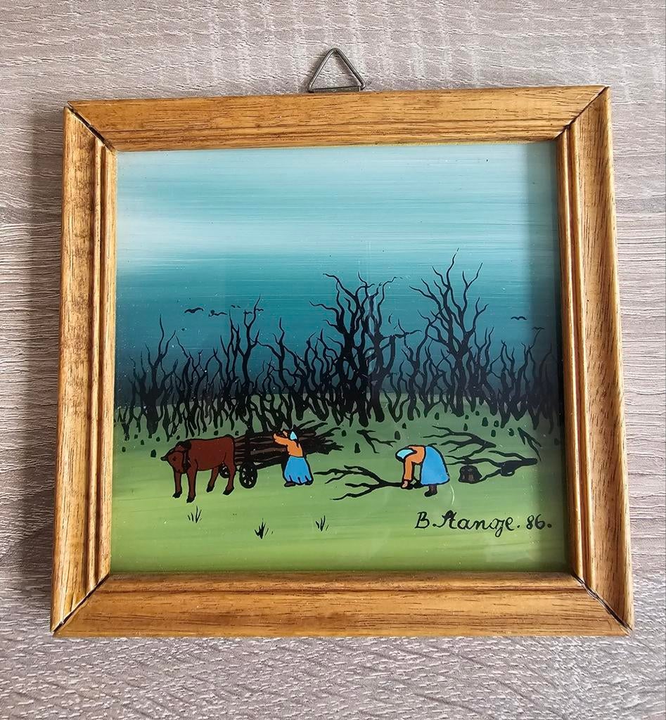 Vintage Schilderij (glas)B. Aange '86 - Boerenleven, Antiek en Kunst, Ophalen of Verzenden