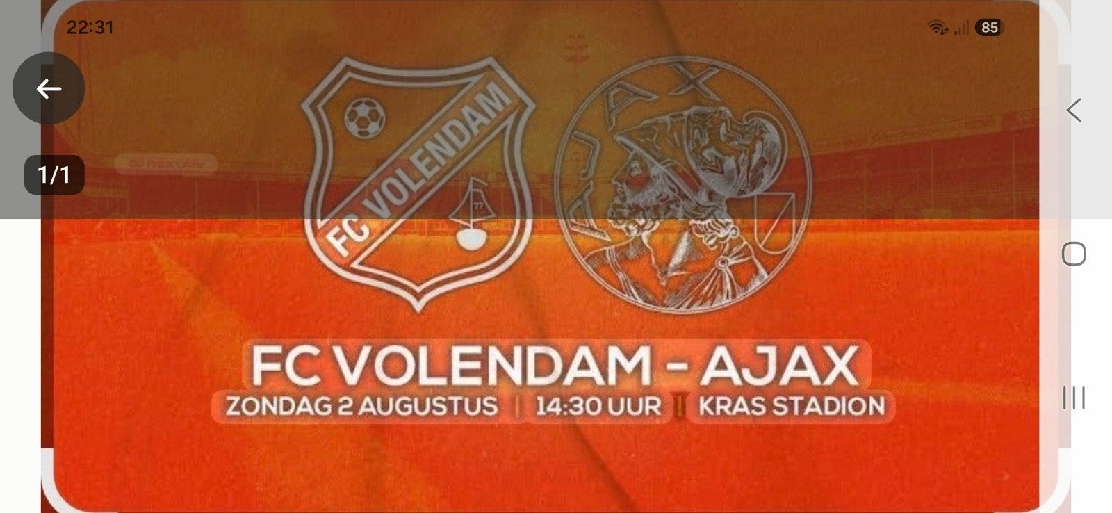 T.K.: 2 tickets FC Volendam - Ajax, 2-aug., Ophalen