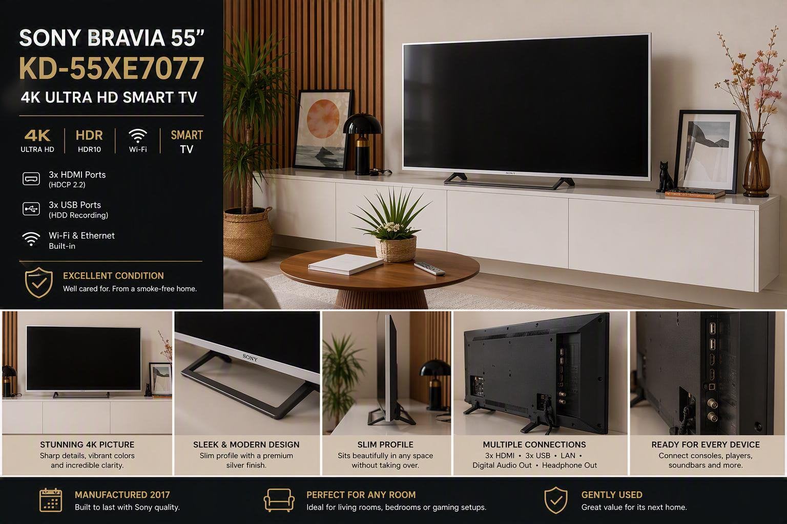 Sony Bravia 55" 4K Smart TV KD‑55XE7077, Ophalen, Zo goed als nieuw, 100 cm of meer, Sony