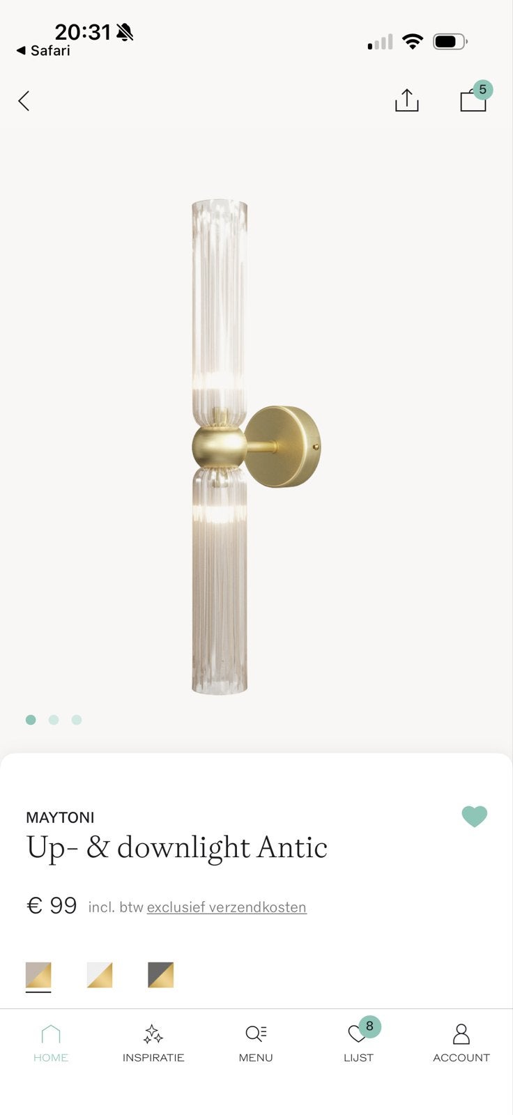 Maytoni Up- & Downlight Antiek Wandlamp Goud/Glas, Up-/downlighter, Nieuw, Ophalen of Verzenden, Dimbaar