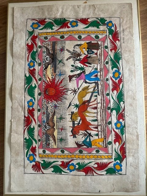 Vintage Mexicaans amate schilderij, gesigneerd, Ophalen, Overige technieken, Gesigneerd, Overige onderwerpen