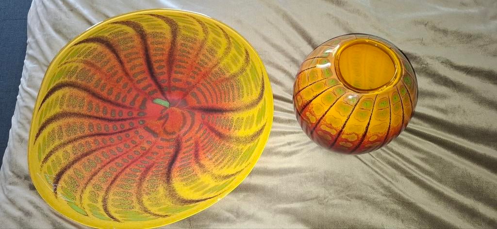 Handgesigneerde Mihai Topescu art glass vaas + schaal / stud, Ophalen of Verzenden