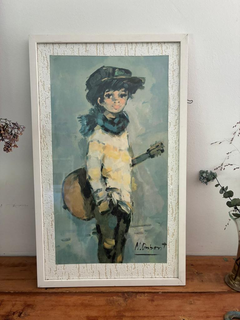Mid century litho kunst print jongen met gitaar, Ophalen of Verzenden, Zo goed als nieuw, Minder dan 50 cm, Schilderij