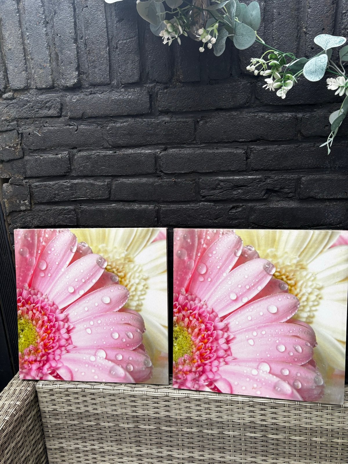 Set van 2 canvas prints met roze gerbera's, Minder dan 50 cm, Ophalen of Verzenden, 5 – 50, Print