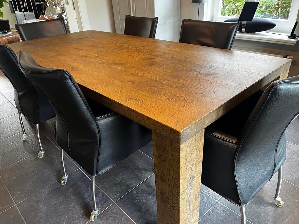 Eethoek met strakke houten tafel en leren stoelen, Ophalen, Gebruikt, 6 tot 8 stoelen