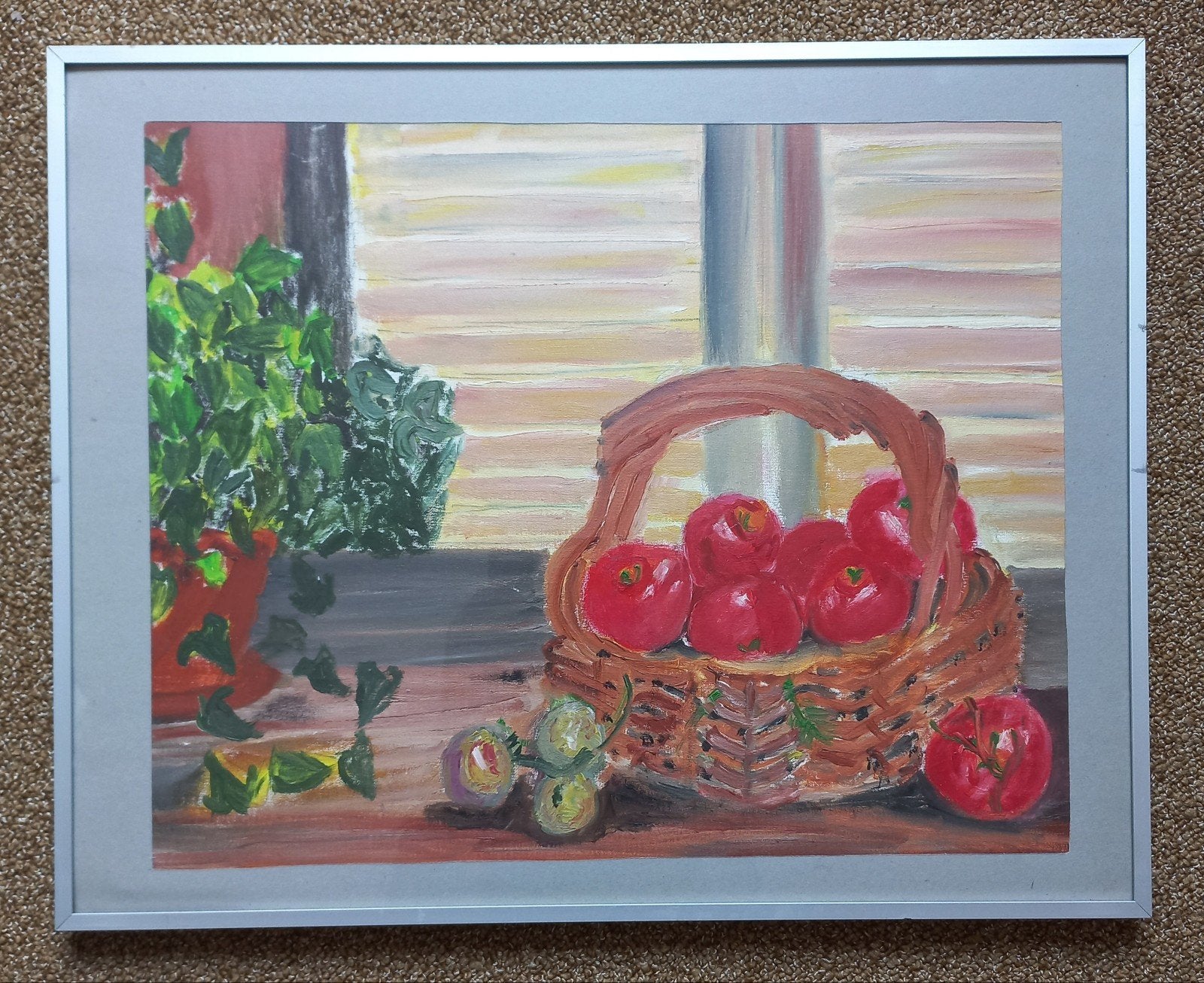 Schilderij: Stilleven met fruitmand en plant, Ophalen of Verzenden
