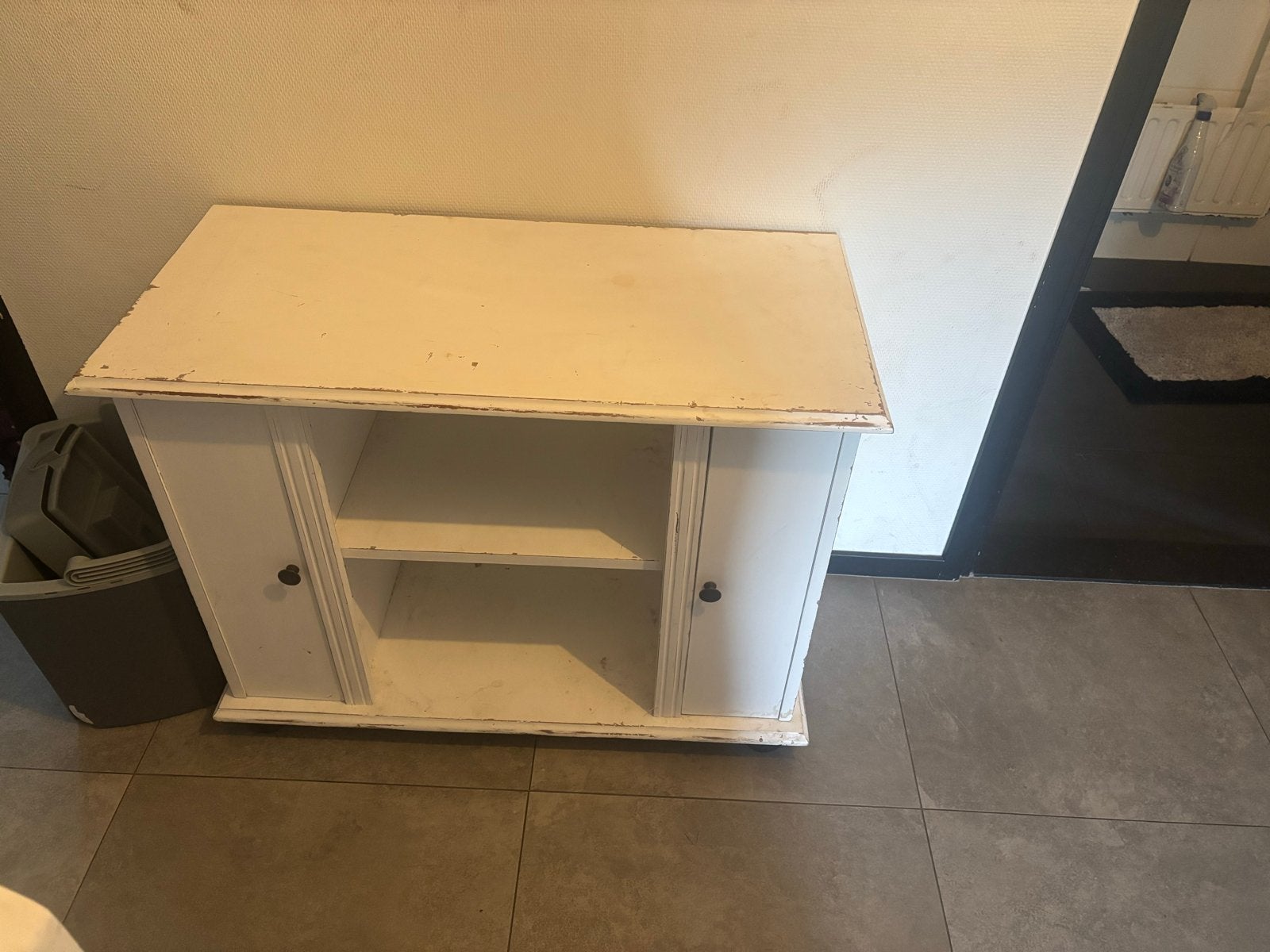 Wit houten tv-meubel met opbergruimte, Huis en Inrichting, Kasten | Televisiemeubels, Ophalen, Gebruikt, 50 tot 100 cm, Minder dan 100 cm