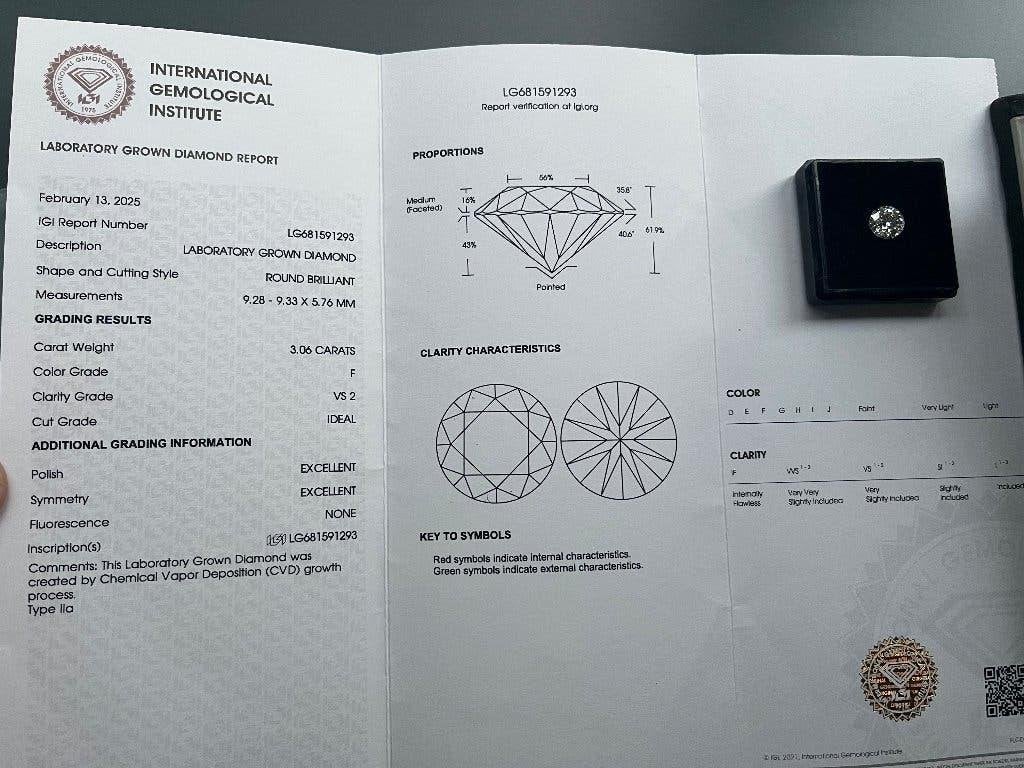 Laboratorium gekweekte diamant 3.06 ct met IGI certificaat, Sieraden, Tassen en Uiterlijk, Edelstenen, Ophalen of Verzenden, Nieuw