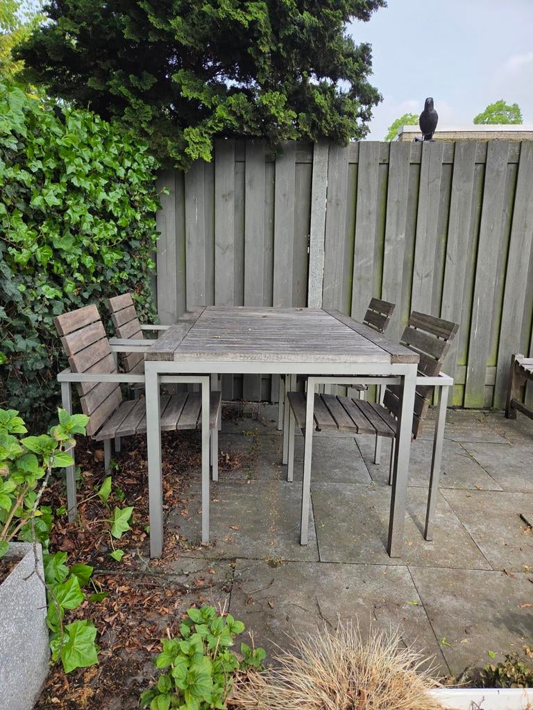 Robuuste tuinset met 4 stoelen van TRIBU, van hard hout en l, Tuin en Terras, Tuinsets en Loungesets, 4 zitplaatsen, Gebruikt