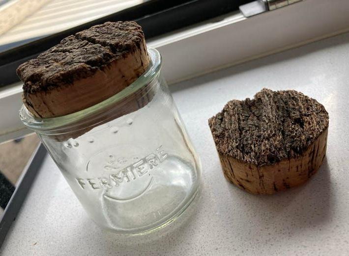 Glazen potje met kurken deksel (5,5 cm), 2x, fermiere, Voorraadpot, Ophalen of Verzenden, Gebruikt, Glas