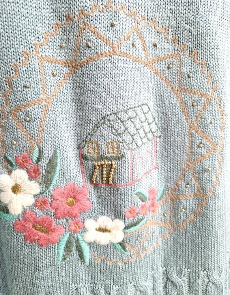 Cozy vintage pastel blauwe trui met borduursels, Ophalen of Verzenden, Zo goed als nieuw, Maat 46/48 (XL) of groter, Blauw
