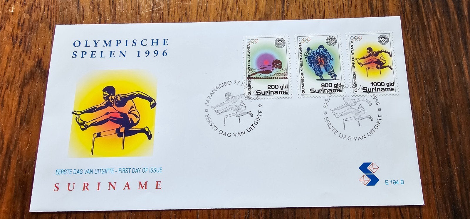 FDC Suriname E 194b Onafhankelijkheid Olympische Spelen 1996, Met stempel, Verzenden, Olympische Spelen, Gestempeld