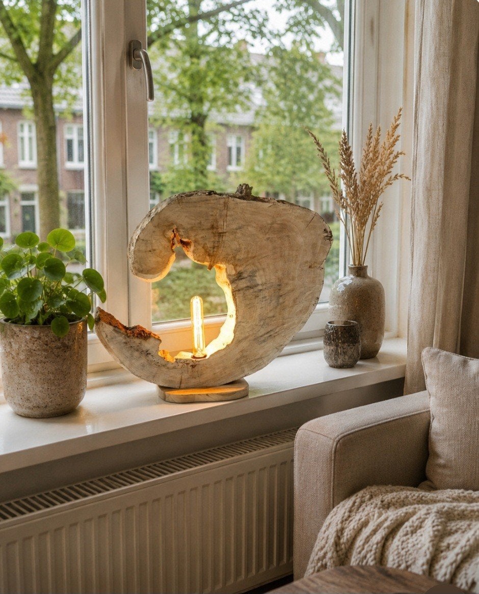 Landelijke tafellamp halve maan van boomstamschijf, Ophalen of Verzenden, Nieuw, Hout