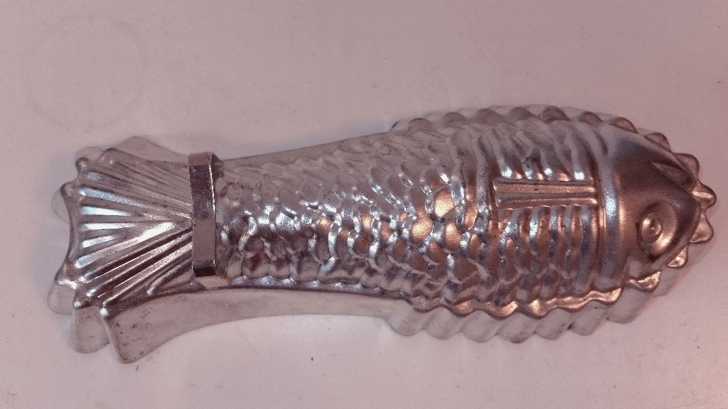 Vintage aluminium bakvorm / puddingvorm vis 26 cm, Zilver, Ophalen of Verzenden, Metaal, Overige merken