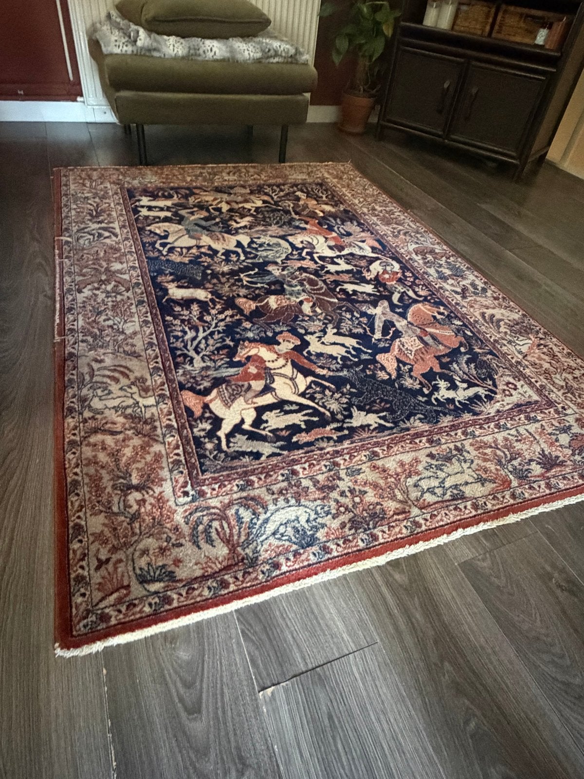 Louis de Poortere Muskabad Vintage tapijt met jachtscène, Ophalen, Gebruikt, 100 tot 150 cm, Blauw