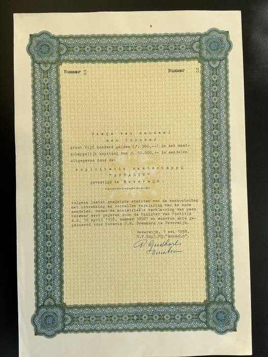 Historisch aandeel "ANNADIN" Beverwijk - 1958, Postzegels en Munten, Aandelen en Waardepapieren, Verzenden, 1950 tot 1970, Aandeel