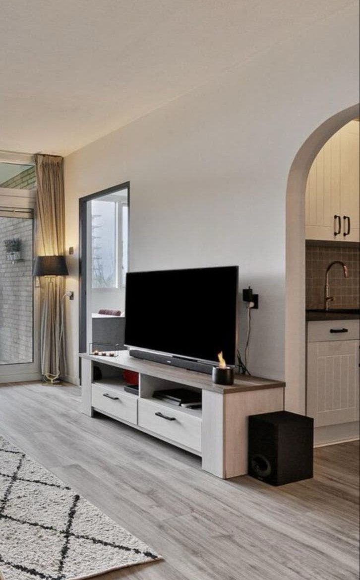 Modern TV-meubel met opbergruimte - Wit/Houtlook, Ophalen, Gebruikt, 100 tot 150 cm, Minder dan 100 cm