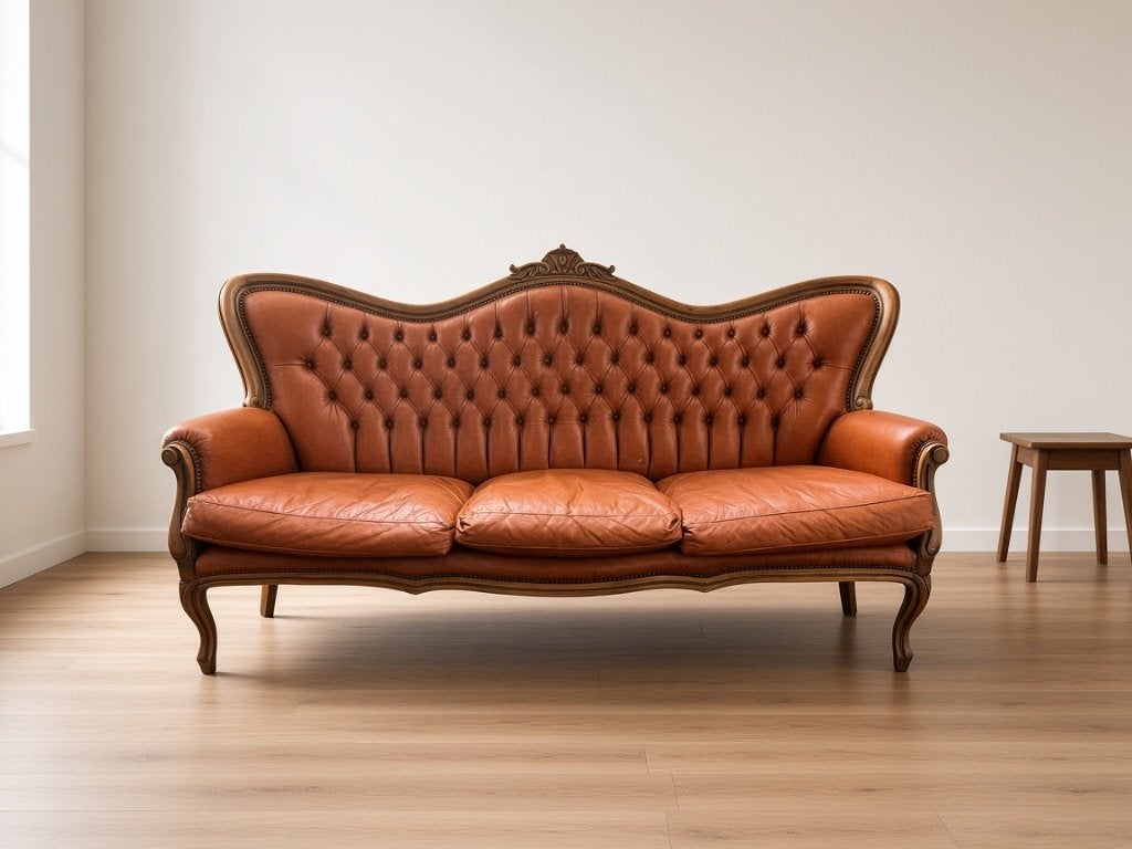 Franse leren bank Louis XV stijl – cognac – 3-zits, Huis en Inrichting, Ophalen, Driepersoons, Zo goed als nieuw, Rechte bank