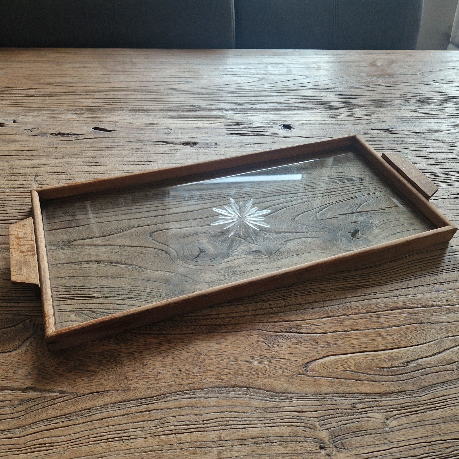 Houten dienblad met glazen bodem en sterdecoratie, Ophalen of Verzenden