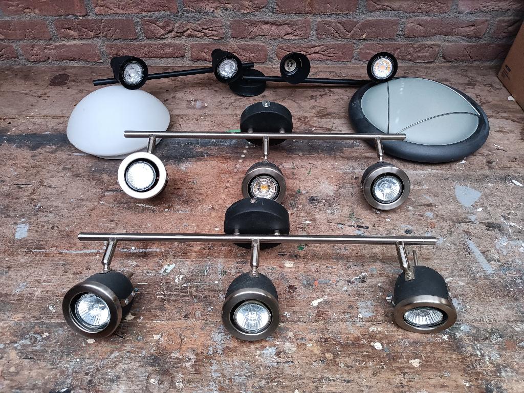 3 plafond spots en 2 lampen, Ophalen, Gebruikt, Metaal of Aluminium, Plafondspot of Wandspot