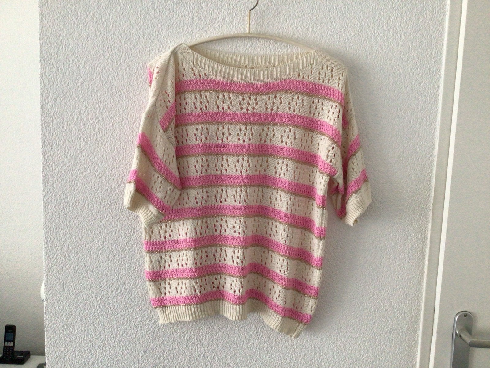 Leuk gestreept truitje in roze, goud en crème-wit - Maat L, Ophalen of Verzenden, Zo goed als nieuw, Maat 42/44 (L), Roze