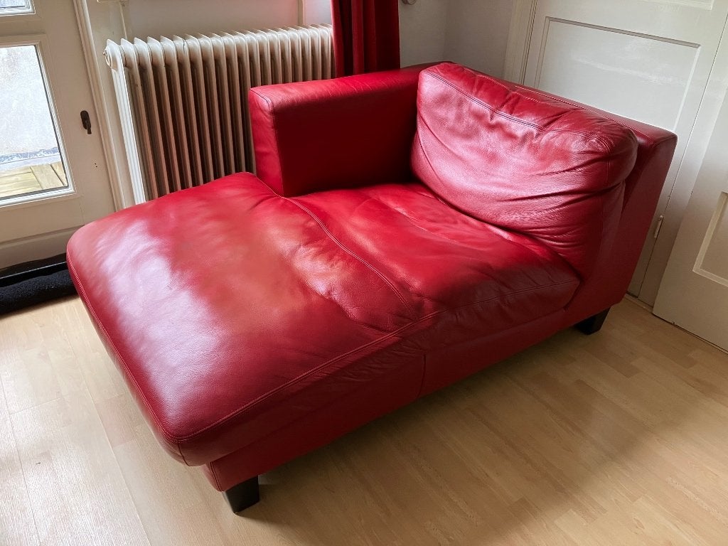 Chaise longue/bank; warmrood leer, Huis en Inrichting, Banken | Sofa's en Chaises Longues, Ophalen, Gebruikt, Driepersoons, Leer