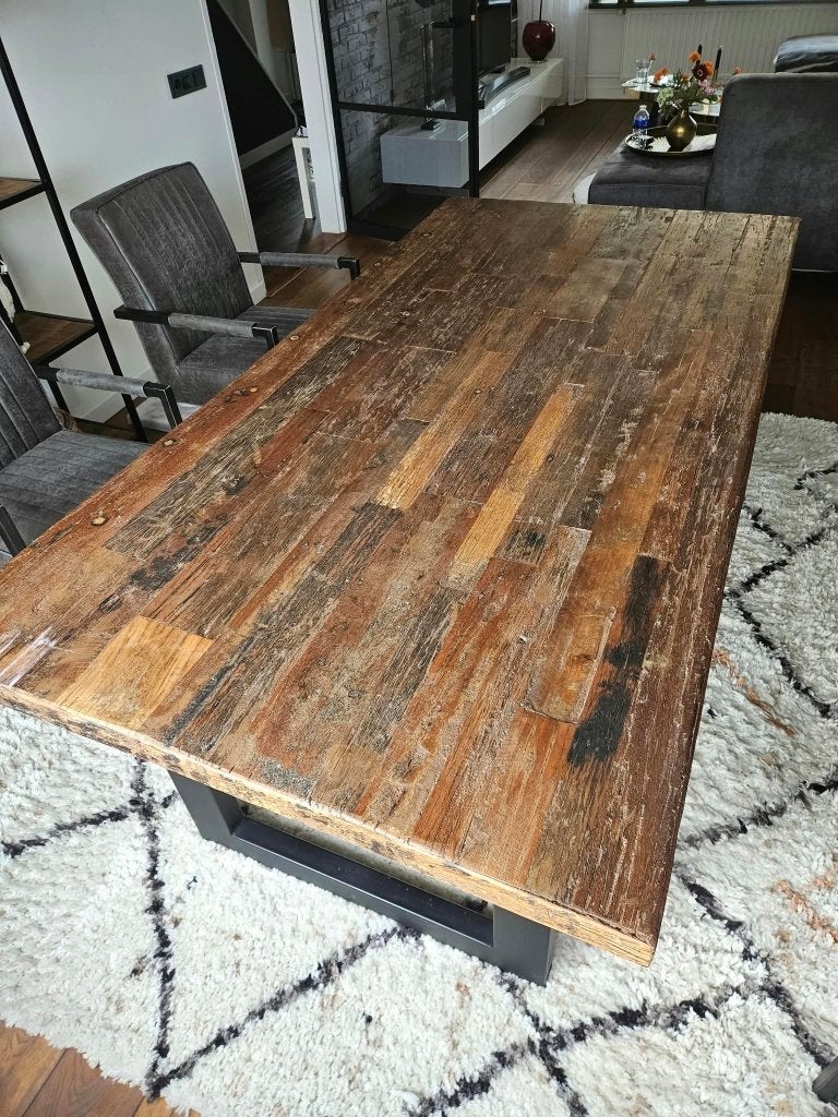Zware, industrieele eettafel, grof blad, 100 tot 150 cm, 200 cm of meer, Ophalen of Verzenden, Zo goed als nieuw
