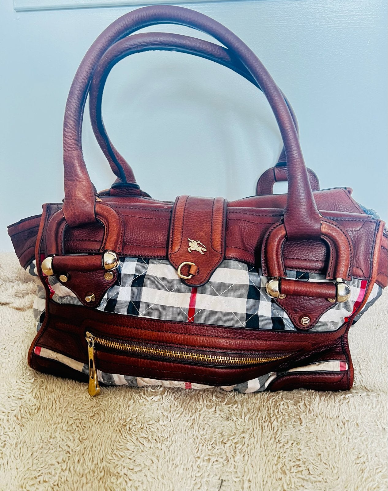 Burberry Handtas - Bruin leer met ruitpatroon, Ophalen of Verzenden, Gebruikt, Bruin, Handtas