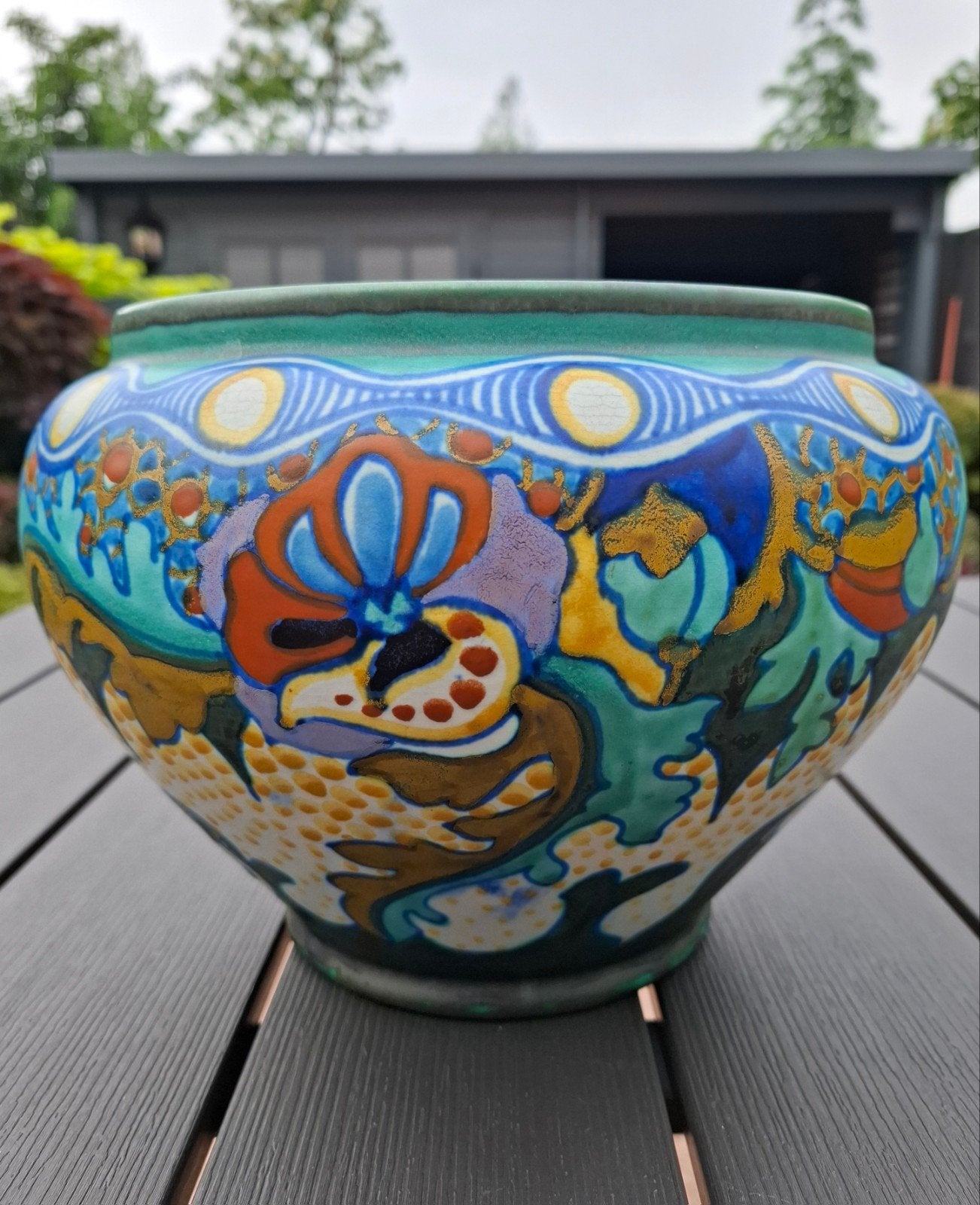 Zeldzaam mooie grote Gouda plateel cachepot Corona, Antiek en Kunst, Antiek | Keramiek en Aardewerk, Ophalen of Verzenden