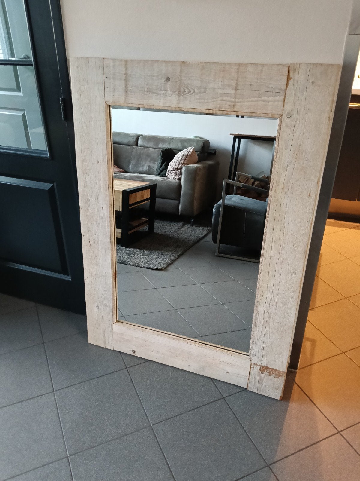 Grote spiegel met steigerhouten lijst (87x119 cm), Huis en Inrichting, Ophalen, Gebruikt, 100 tot 150 cm, 75 tot 100 cm