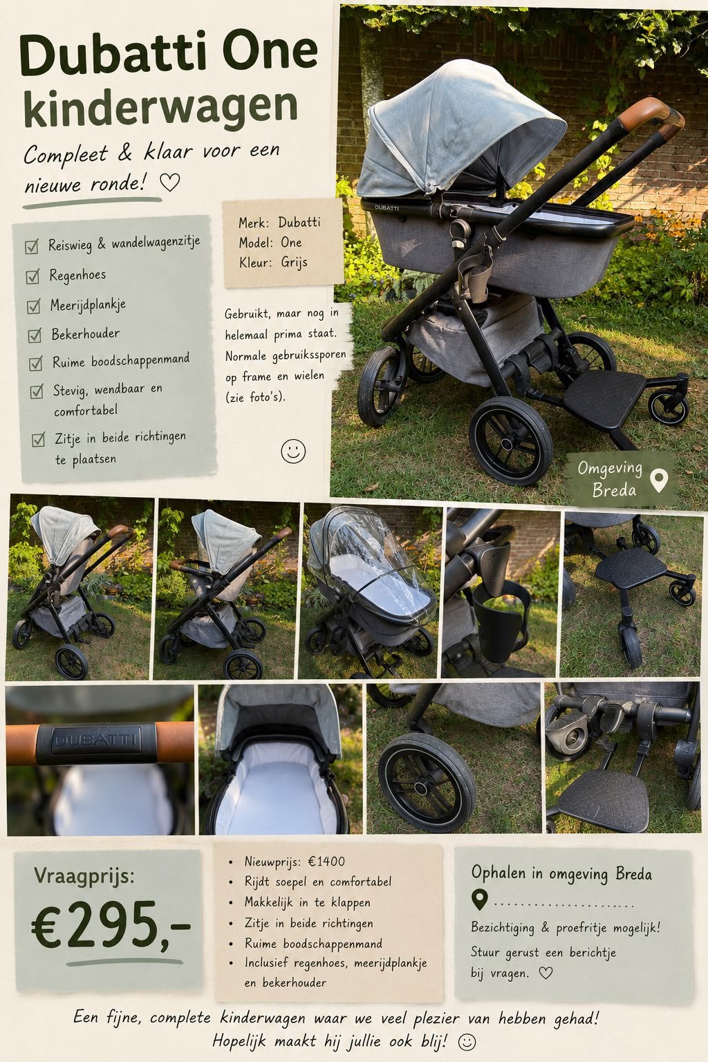 Dubatti One kinderwagen compleet met regenhoes meerijdplank, Ophalen, Gebruikt, Overige merken