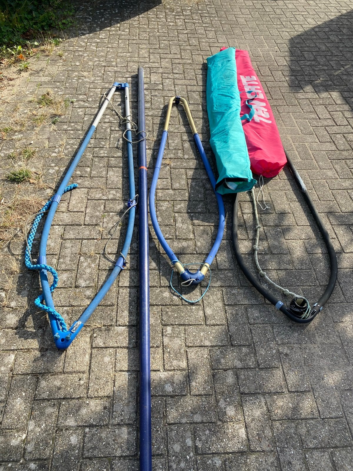 Retro Windsurfset met/ Zeil van Ten Cate / Mast / 3 x Giek, Gebruikt, Met giek, 5 tot 6.5 m², Complete set