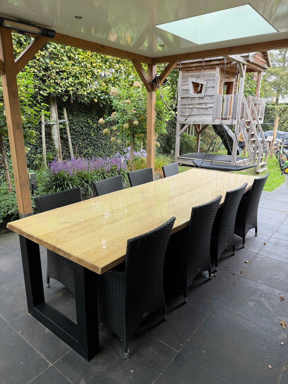 Massief eikenhouten tafel 300x110 cm, Tuin en Terras, Ophalen, Zo goed als nieuw, Rechthoekig, Hout