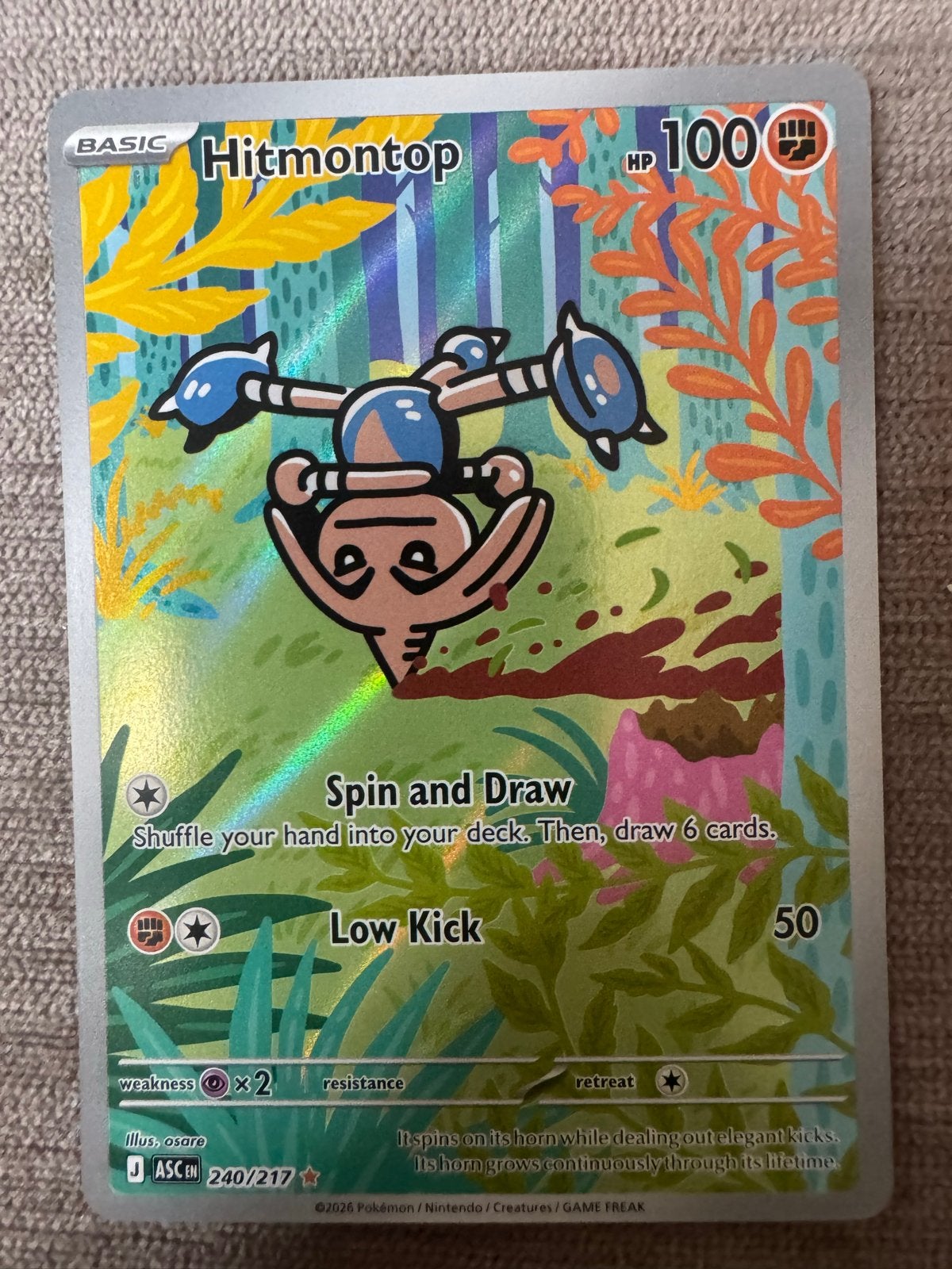 Hitmontop (240/217) Pokémon kaart - Basic - Foil, Ophalen of Verzenden, Zo goed als nieuw, Losse kaart, Foil