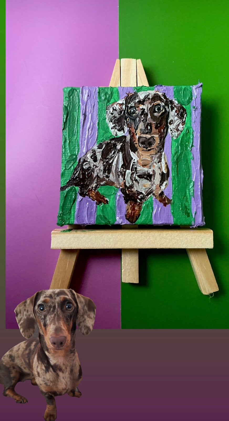 Teckel ~ dachshund ~ portret schilderij ~ kleintje kunst, Ophalen of Verzenden, Zo goed als nieuw, Minder dan 50 cm, Schilderij