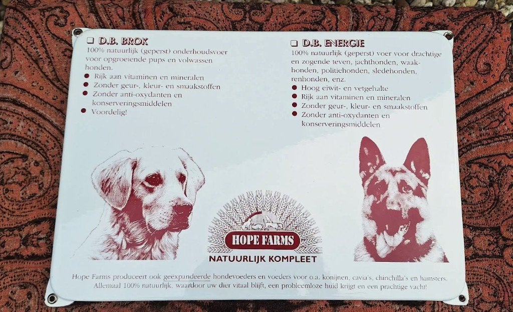 Set van 2 emaille reclameborden voor Hope Farms hondenvoer., Reclamebord, Gebruikt, ., Ophalen of Verzenden