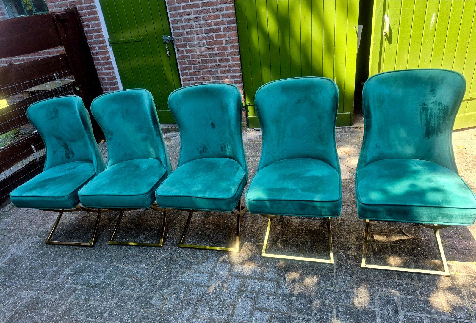 5 Eric Kuster eetkamerstoelen in smaragdgroen velours, Overige kleuren, Modern, Luxe, Glamour, Ophalen of Verzenden, Zo goed als nieuw